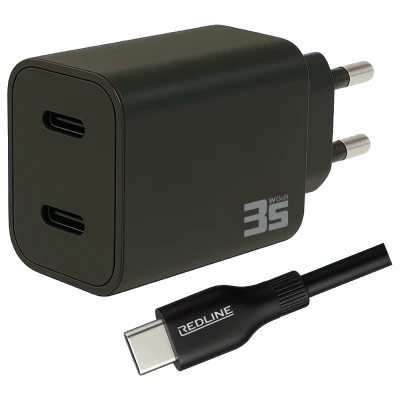 REDLINE Punjač sa USB-C kablom,  2 x USB-C, brzi, 35W, GaN - PQ351CC+CC1.2M60W