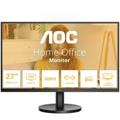 AOC Monitor U27B3A 27" IPS, 3840x2160 UHD, 60Hz, 4ms, 350 cd/m2, 1000:1. Adaptive Sync, HDR10, 2xHDMI, 1xDP, Speakers, Tilt, VESA, 3y