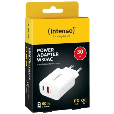 (Intenso) Punjač kučni, brzi, 1 x USB-A, 1 x UCB-C, 3A, 30W - Power Adapter W30AC