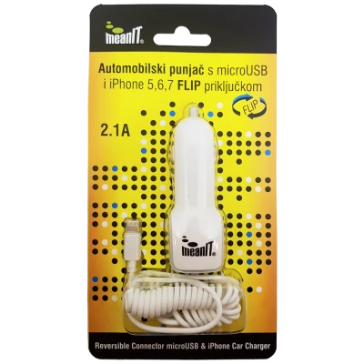 MeanIT Auto punjač za smartphone/iPHONE, 2.1A, FLIP konektor  - AUTO PUNJAČ SMARTPHONE/iPHONE