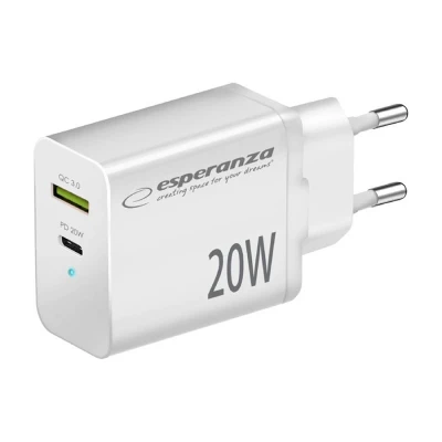 USB punjač Type-C + USB-A, ESPERANZA  QUICK POWER CHARGER 20W USB-C PD 20W / USB-A QC 3.0 18W WHITE, EZC105W