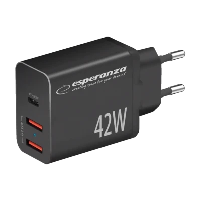 USB punjač Type-C + 2xUSB-A, ESPERANZA  QUICK POWER CHARGER 42W USB-C PD 30W / 2x USB-A 12W, EZC106K