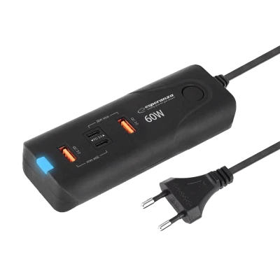 USB punjač 2xType-C + 2xUSB-A, ESPERANZA  QUICK POWER CHARGER 60W 2x USB-C PD 30W / 2x USB-A QC 3.0 18W, EZC109