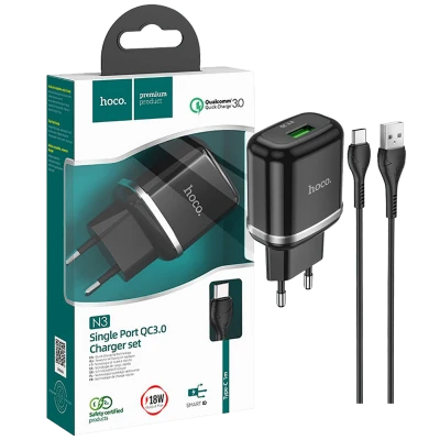 hoco. Punjač kućni sa type C kabelom, brzi, QC3.0, 18W - N3 Vigour Black