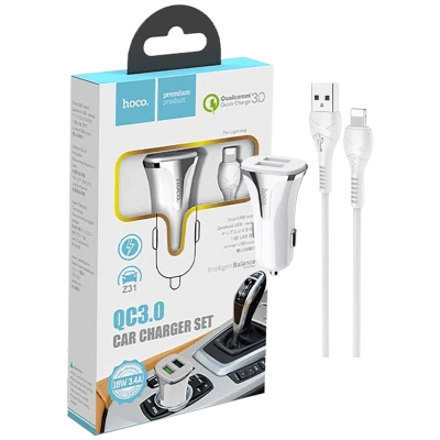 hoco. Auto punjač sa Lightning kabelom, QC, 2 x USB,  3.1 A - Z31 Universe double port, Lightning