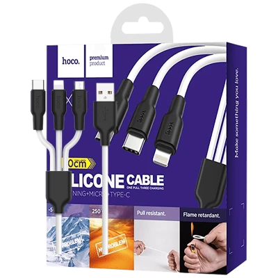 hoco. USB kabl, 3in1, microUSB, type C, Lightning, 1.2 met., 2 A - X21 Silicone 3in1, Black/White