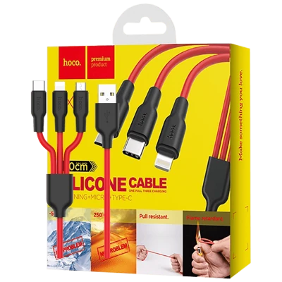 hoco. USB kabl, 3in1, microUSB, type C, Lightning, 1.2 met., 2 A - X21 Silicone 3in1, Black/Red
