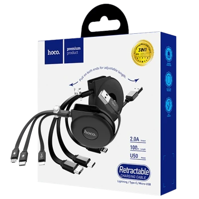 hoco. USB kabl za punjenje, 3in1, na izvlačenje, 1 met., 2 A - U50