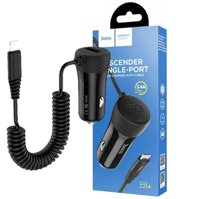 hoco. Auto punjač za Lightning kabelom,  1 x USB, 2.4 A max. - Z21A Ascender Lightning