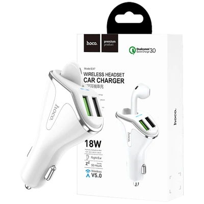 hoco. Auto punjač sa bežičnom slušalicom, QC,2 x USB, 3.1 A,bijela - E47 Traveller White