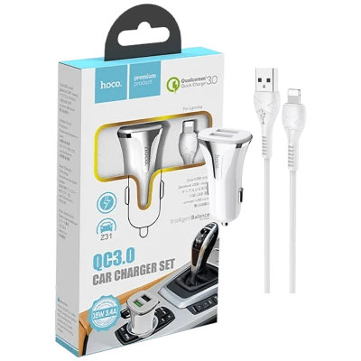 hoco. Auto punjač sa Lightning kabelom, QC, 2 x USB,  3.1 A - Z31 Universe double port, Lightning