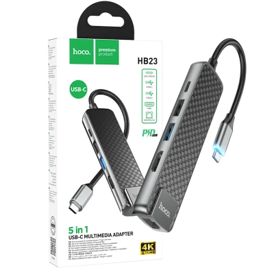 hoco. Konverter USB HUB type C to USB3.0/USB2.0/HDMI/RJ45/PD - HB23 Easy view