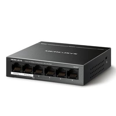 SWITCH Mercusys 	MS106LP Mercusys MS106LP 6-portni 10/100 Mbps Desktop prekidač sa 4-porta PoE+, kompatibilan sa 802.3af/at PD-ovima, 40 W PoE napajan