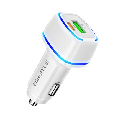 Auto Punjač BOROFONE BZ14A Mercury dual port PD20W+QC3.0 USB + Type-C ambient light car white