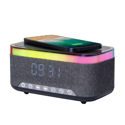 Digitalni sat sa zvučnikom i wireless bežičnim punjačem za mobitel bluetooth GEMBIRD, black/grey, DAC-SPKBT-QC15-BK