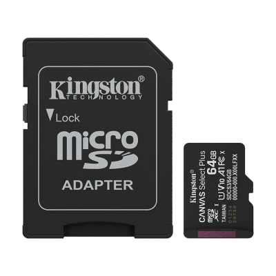 Micro SD card Kingston 64 GB SDCS3/64GB  Class10 Canvas Select Plus SD adapter;100MBs Read,Class 10 UHS-I