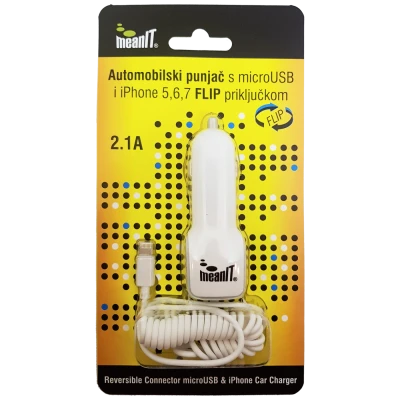 MeanIT Auto punjač za smartphone/iPHONE, 2.1A, FLIP konektor  - AUTO PUNJAČ SMARTPHONE/iPHONE