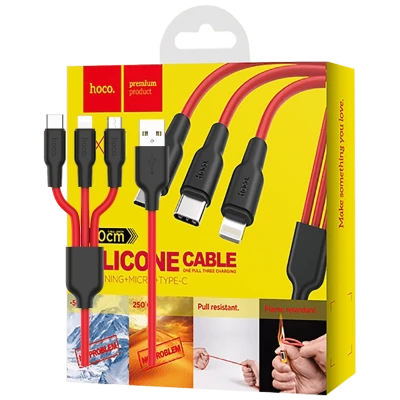 hoco. USB kabl, 3in1, microUSB, type C, Lightning, 1.2 met., 2 A - X21 Silicone 3in1, Black/Red
