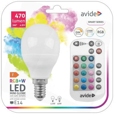 Avide Pametna sijalica, LED 4.9W, E14, RGB+W, 2700K, daljinski - Smart LED Mini Globe 4.9W