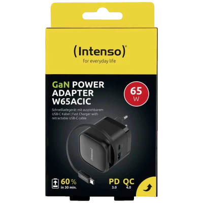 (Intenso) Punjač kučni sa type C kabelom, brzi, 1xUSB-A, 1xUCB-C, 65W - Power Adapter W65ACIC GaN Black