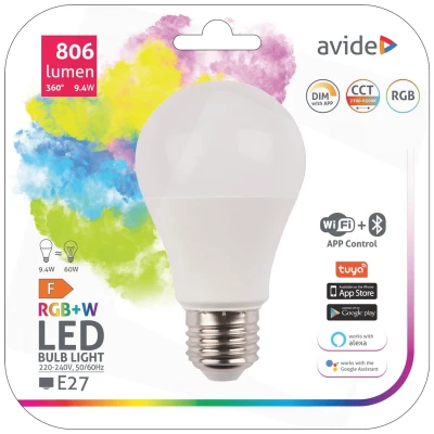Avide Pametna sijalica, LED 9.4W, E27, RGB+W, WiFi, Bluetooth - Smart LED Globe A60 9.4W WiFi