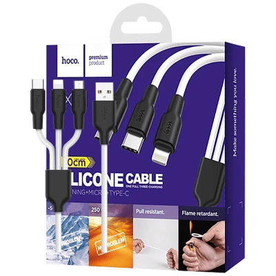 hoco. USB kabl, 3in1, microUSB, type C, Lightning, 1.2 met., 2 A - X21 Silicone 3in1, Black/White