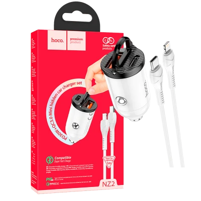 hoco. Auto punjač sa Lightning kabelom, PD + QC3.0, 2 x USB, 4.8 A - NZ2 Link, type C-Lightning, White