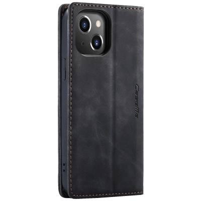 CaseMe Futrola preklopna za iPhone 14, koža, crna - Flip Leather Phone Case iPhone 14