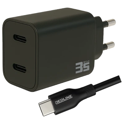 REDLINE Punjač sa USB-C kablom,  2 x USB-C, brzi, 35W, GaN - PQ351CC+CC1.2M60W