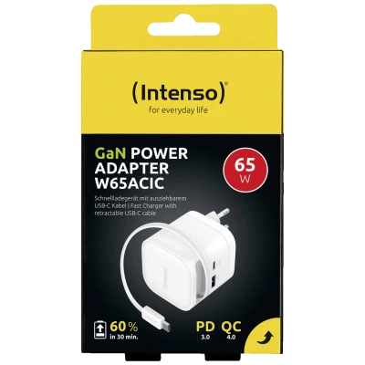 (Intenso) Punjač kučni sa type C kabelom, brzi, 1xUSB-A, 1xUCB-C, 65W - Power Adapter W65ACIC GaN White