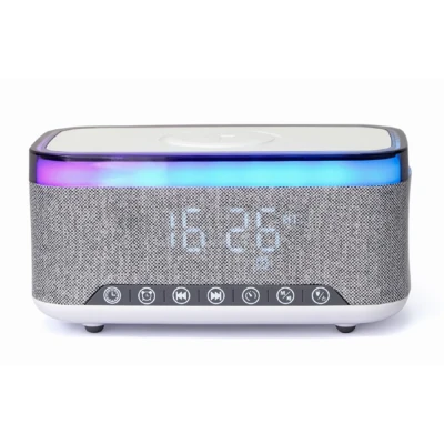 Digitalni sat sa zvučnikom i wireless bežičnim punjačem za mobitel bluetooth GEMBIRD, white/light grey, DAC-SPKBT-QC15-GR