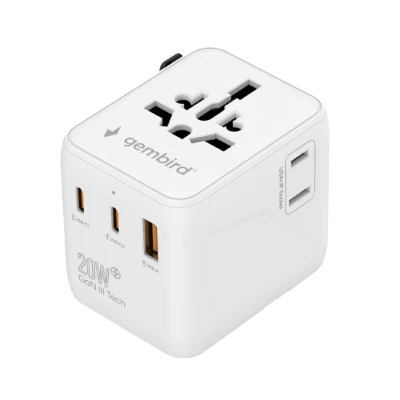 Univerzalni strujni adapter za sve zemlje + USB + Type-C punjač GEMBIRD, 20 W, white, TPA-1A2C20-01-W