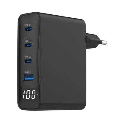 USB punjač 3xType-C + USB-A , 4-port 100W GaN USB fast charger, LCD, black, GEMBIRD, TA-UC-PDQC100LCD-01-BK