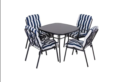 Bastenski set VENETO - sto + 4 stolice sa jastucima plavo bijeli